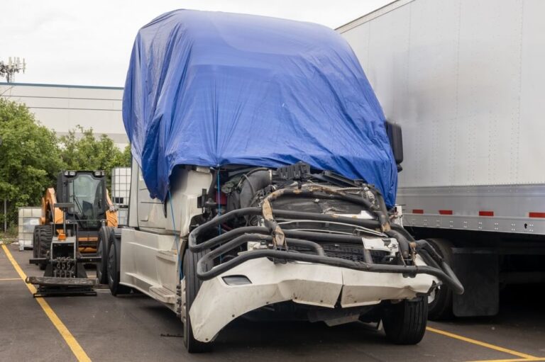 semi truck after accident. broken bobtail truck