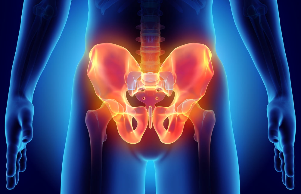 3D illustration of hip skeleton, pelvic injury medical concept